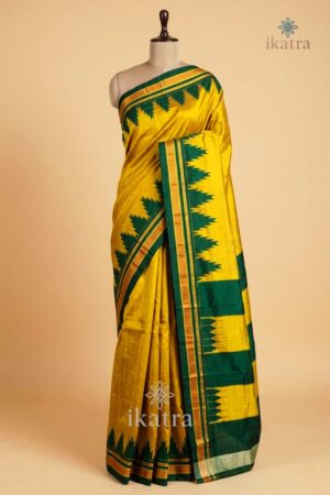 Yellow and dark green Pure Silk Handloom Ilkal Saree