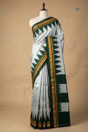 silver and dark green Pure Silk Handloom Ilkal Saree