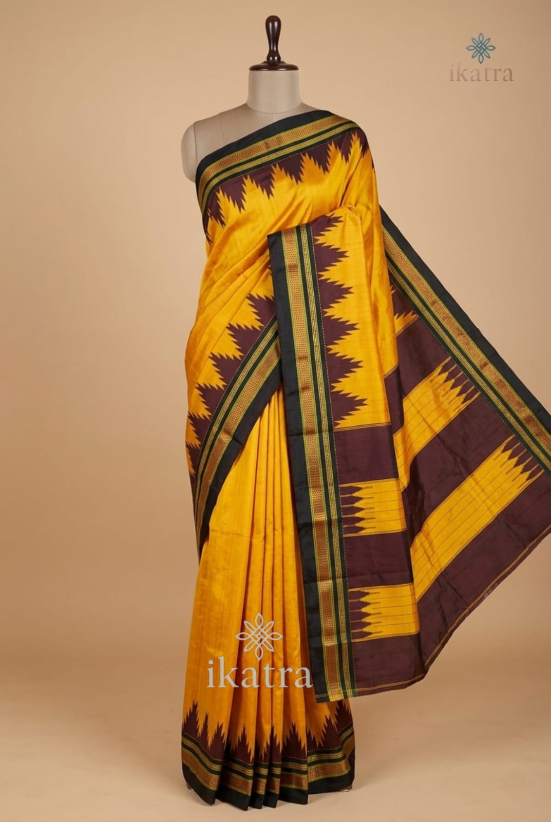 Mustard yellow and Maroon Pure Silk Handloom Ilkal Saree