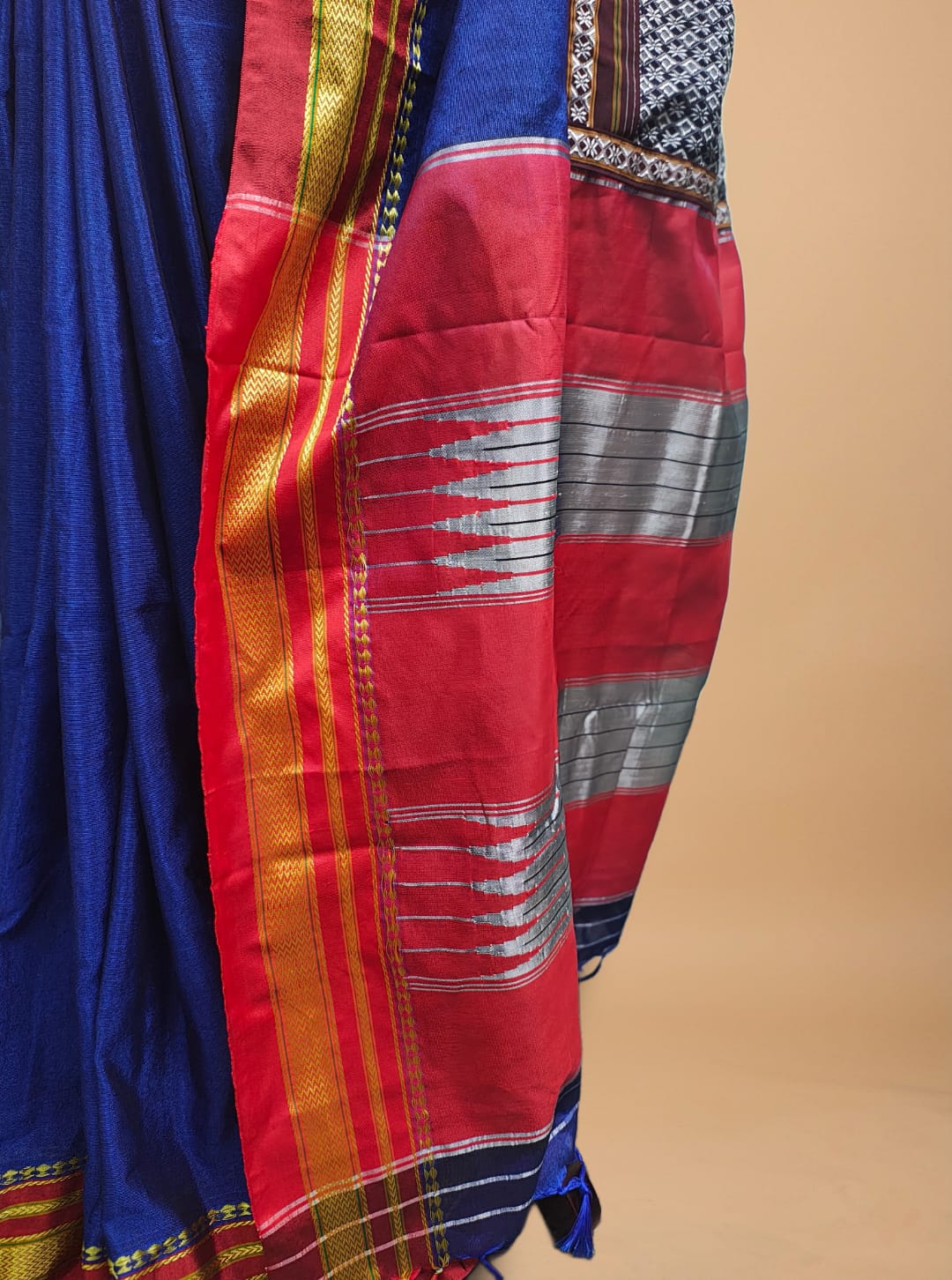 Blue And Red Mercerised Cotton Ilkal Saree with Khun Material & Ilkal Tope Pallu