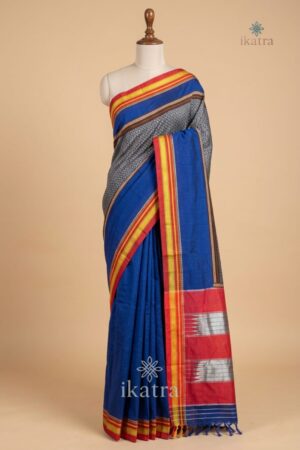 Blue And Red Mercerised Cotton Ilkal Saree with Khun Material & Ilkal Tope Pallu