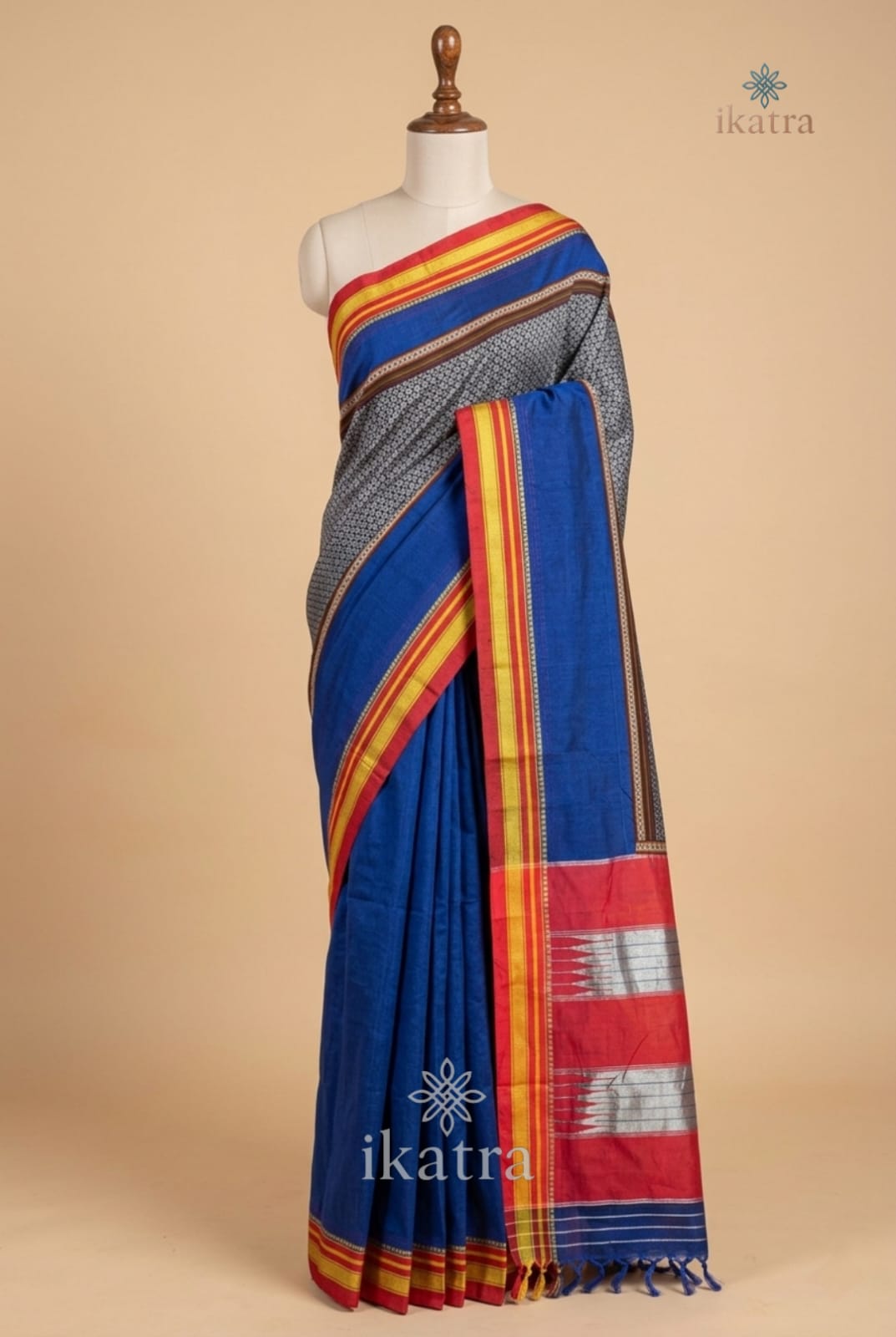 Blue And Red Mercerised Cotton Ilkal Saree with Khun Material & Ilkal Tope Pallu