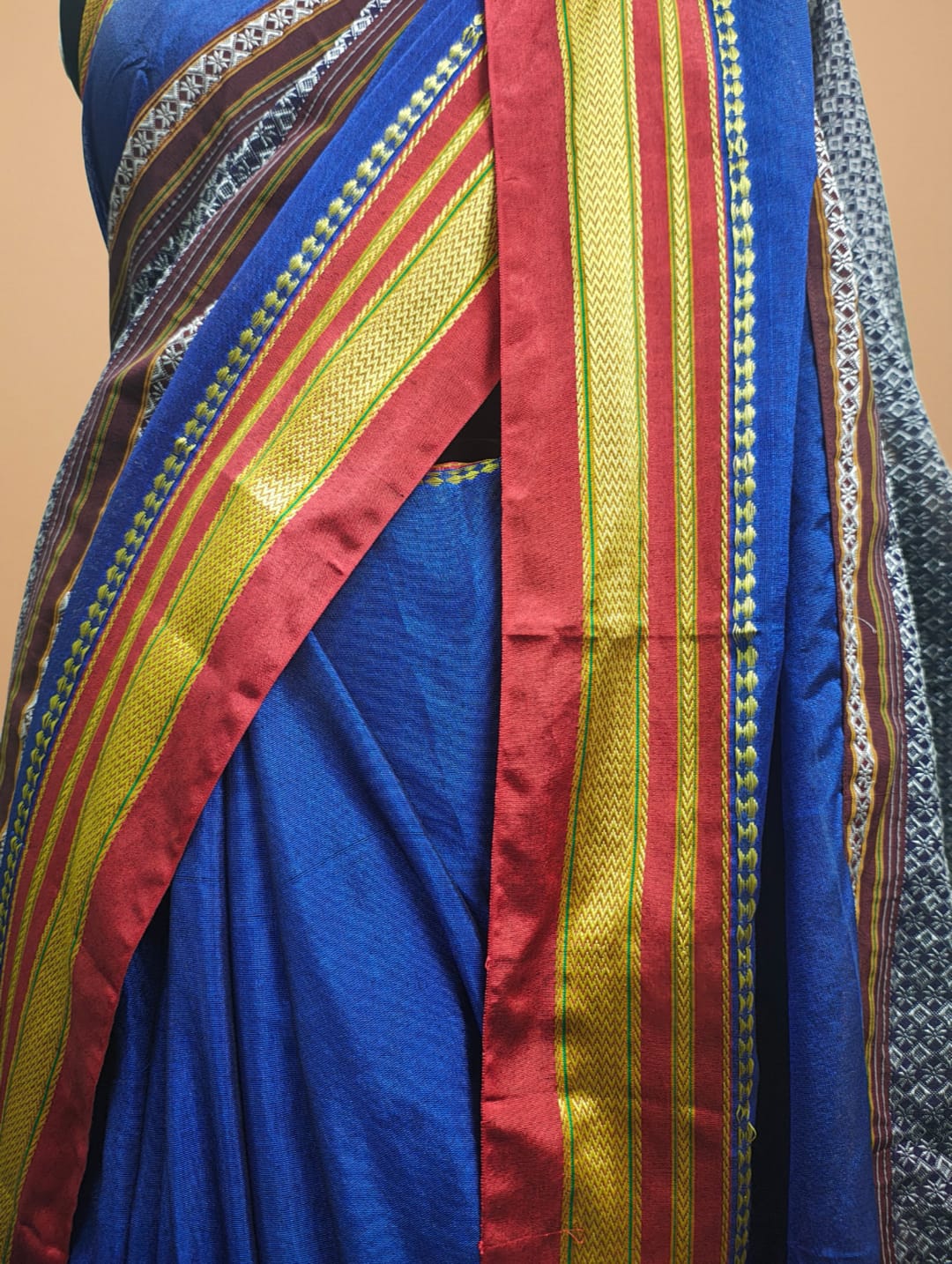 Blue And Red Mercerised Cotton Ilkal Saree with Khun Material & Ilkal Tope Pallu