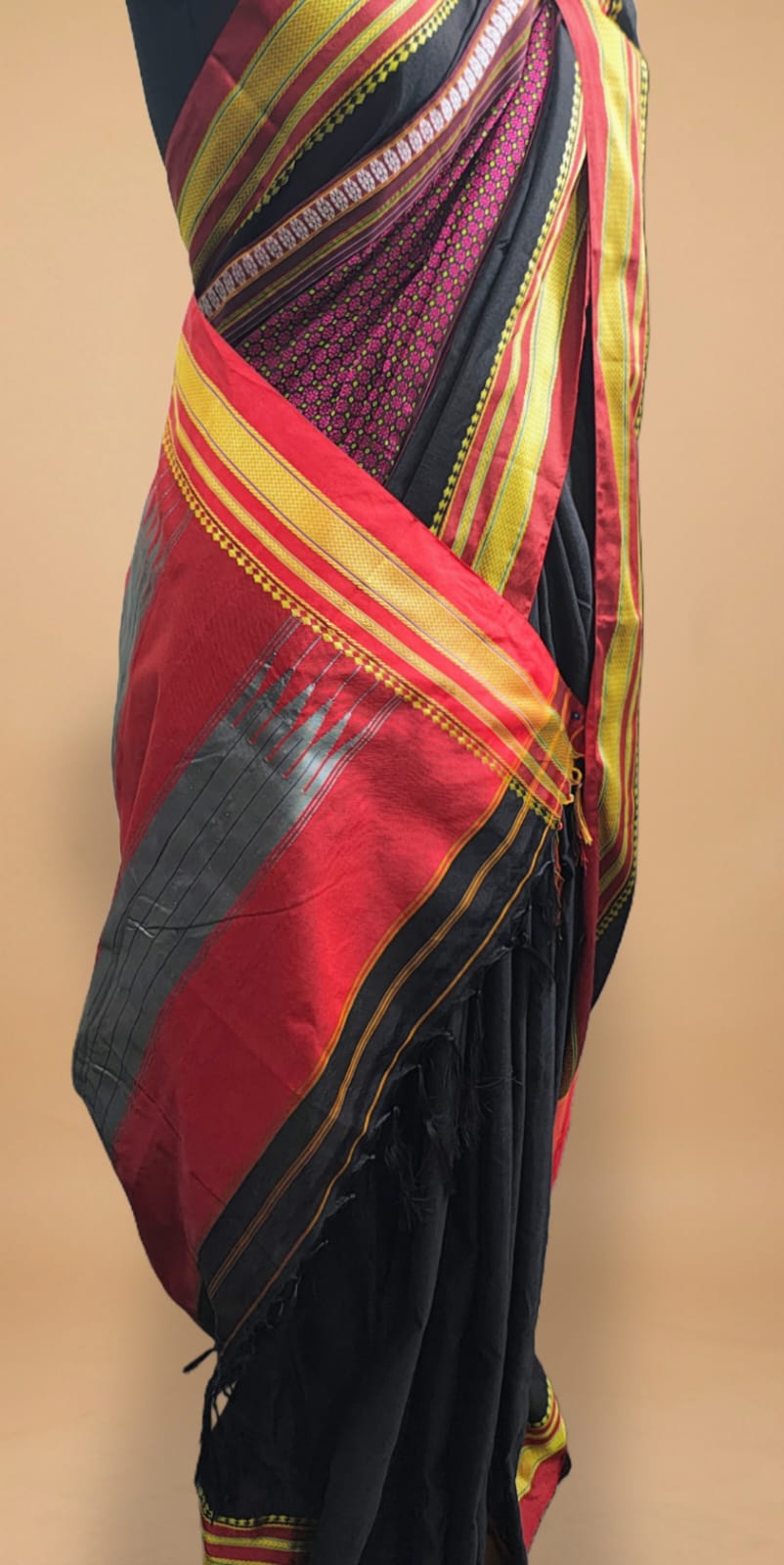 Black Mercerised Cotton Ilkal Saree with Khun Material & Ilkal Tope Pallu