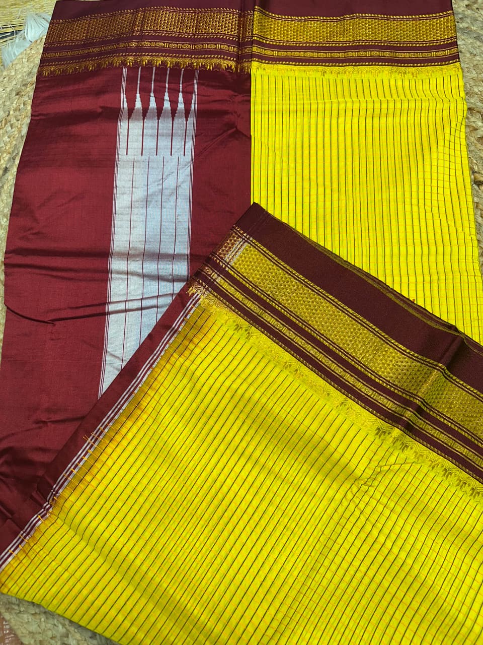 yellow and maroon Ilkal Small Check Cotton Silk Saree - Image 3