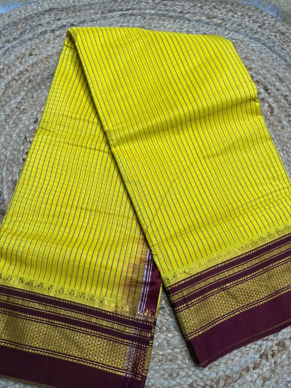 yellow and maroon Ilkal Small Check Cotton Silk Saree - Image 2