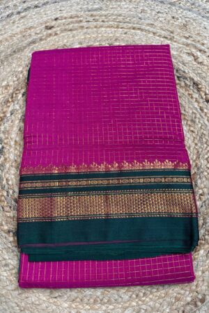 Pink and Green Ilkal Small jari Check Cotton Silk Saree
