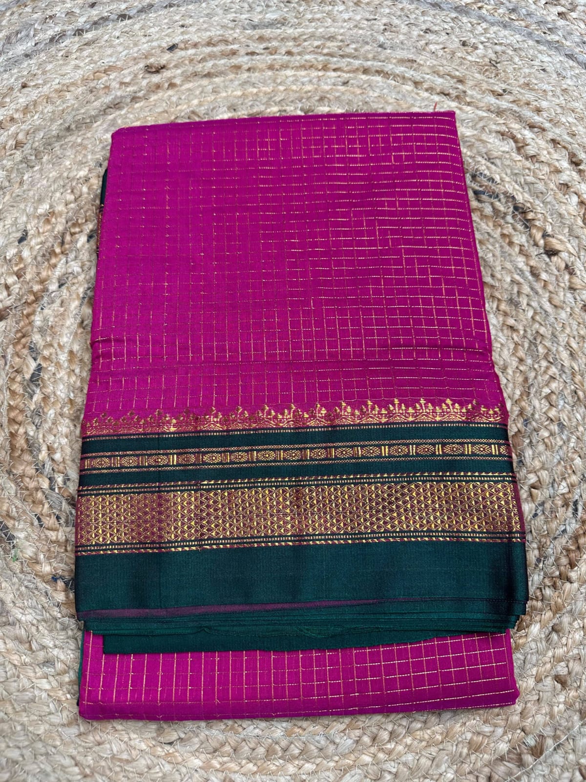 Pink and Green Ilkal Small jari Check Cotton Silk Saree