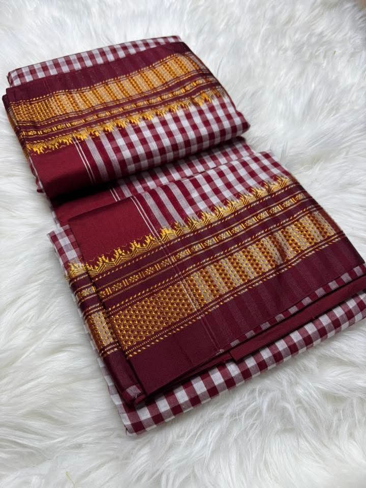 Maroon Ilkal Small Check Cotton Silk Saree