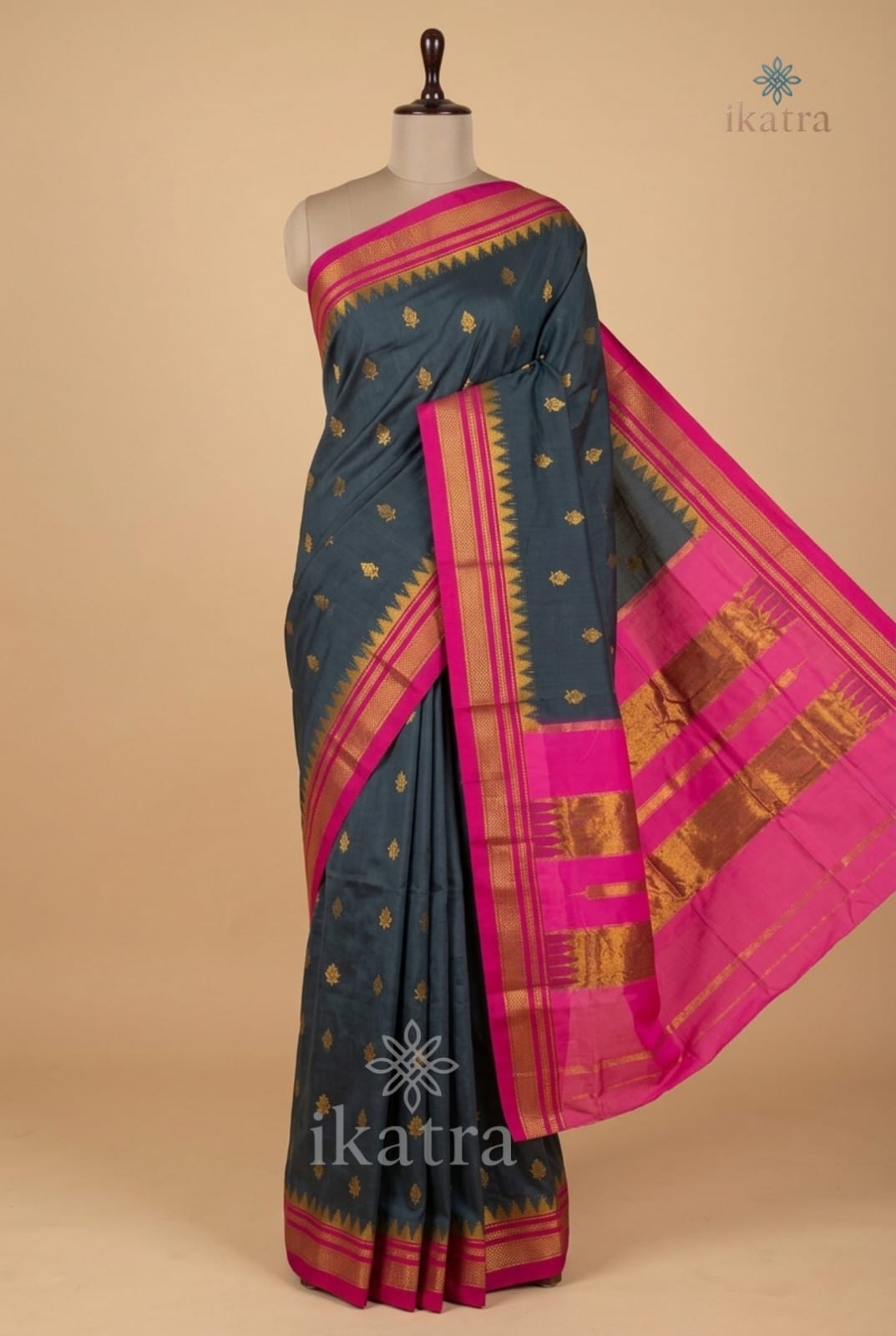 Grey Butta Cotton Silk Ilkal Saree with Traditional Tope Pallu