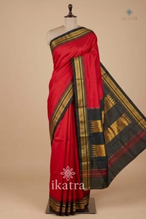 Red Black Cotton Silk Ilkal Saree