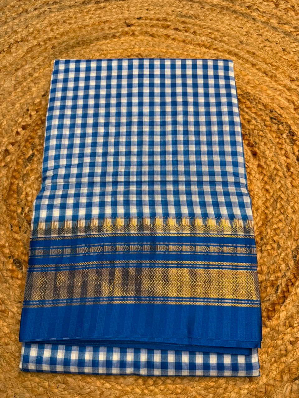 blue Ilkal Small Check Cotton Silk Saree