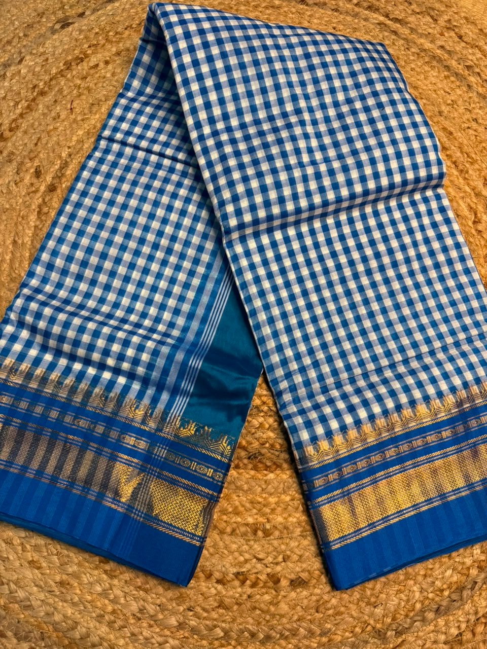 blue Ilkal Small Check Cotton Silk Saree - Image 2