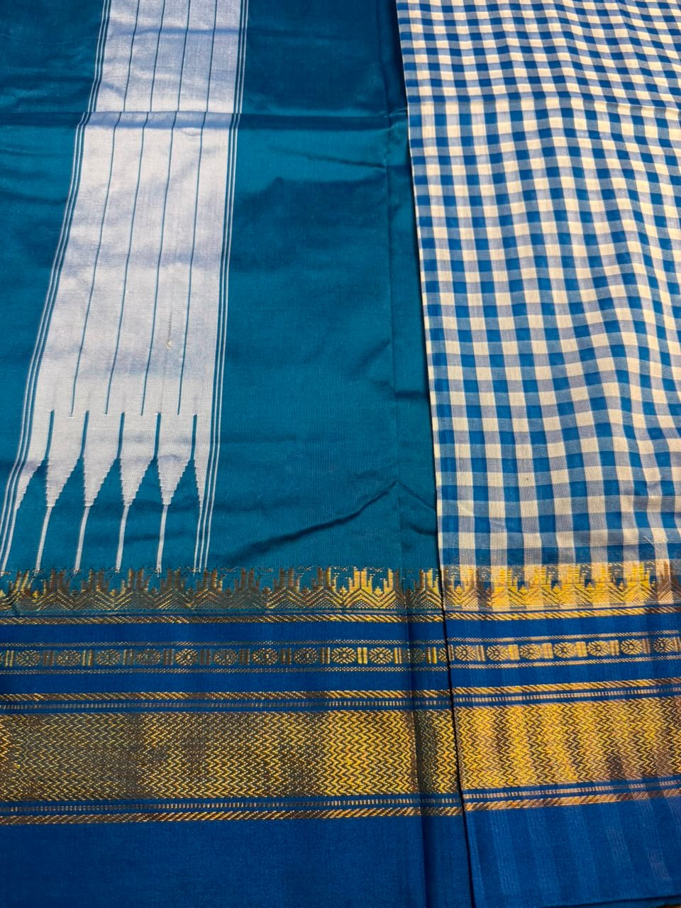 blue Ilkal Small Check Cotton Silk Saree - Image 3