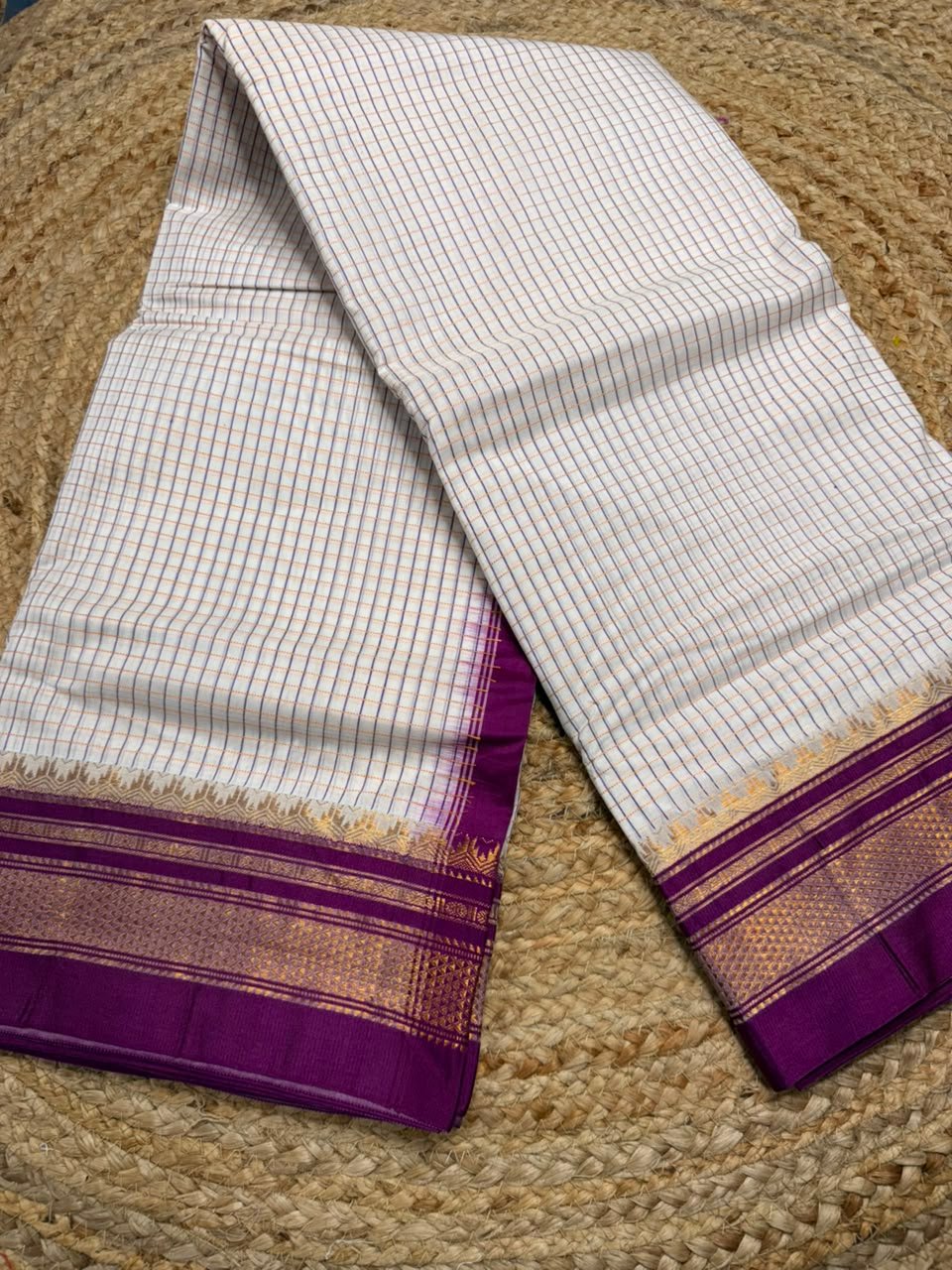 Purple Ilkal Small Check Cotton Silk Saree - Image 5