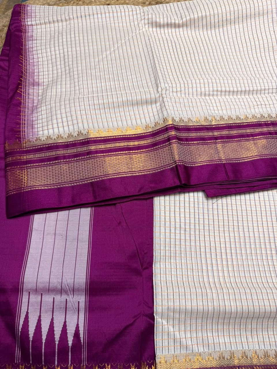 Purple Ilkal Small Check Cotton Silk Saree - Image 4