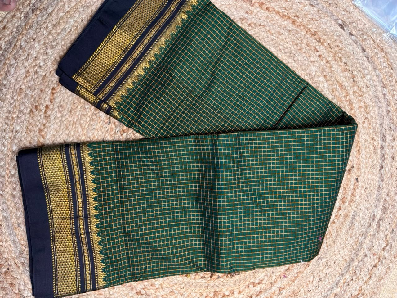 Green Ilkal Small jari Check Cotton Silk Saree - Image 2