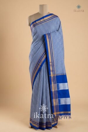 Blue And White Ilkal Small Checks Cotton Silk Saree With Tana Warp Catlon Pallu