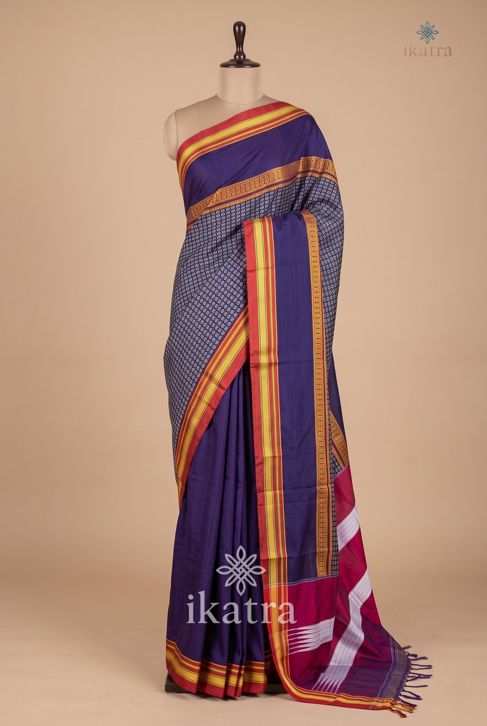 Blue And Red Mercerised Cotton Ilkal Saree with Khun Material & Ilkal Tope Pallu