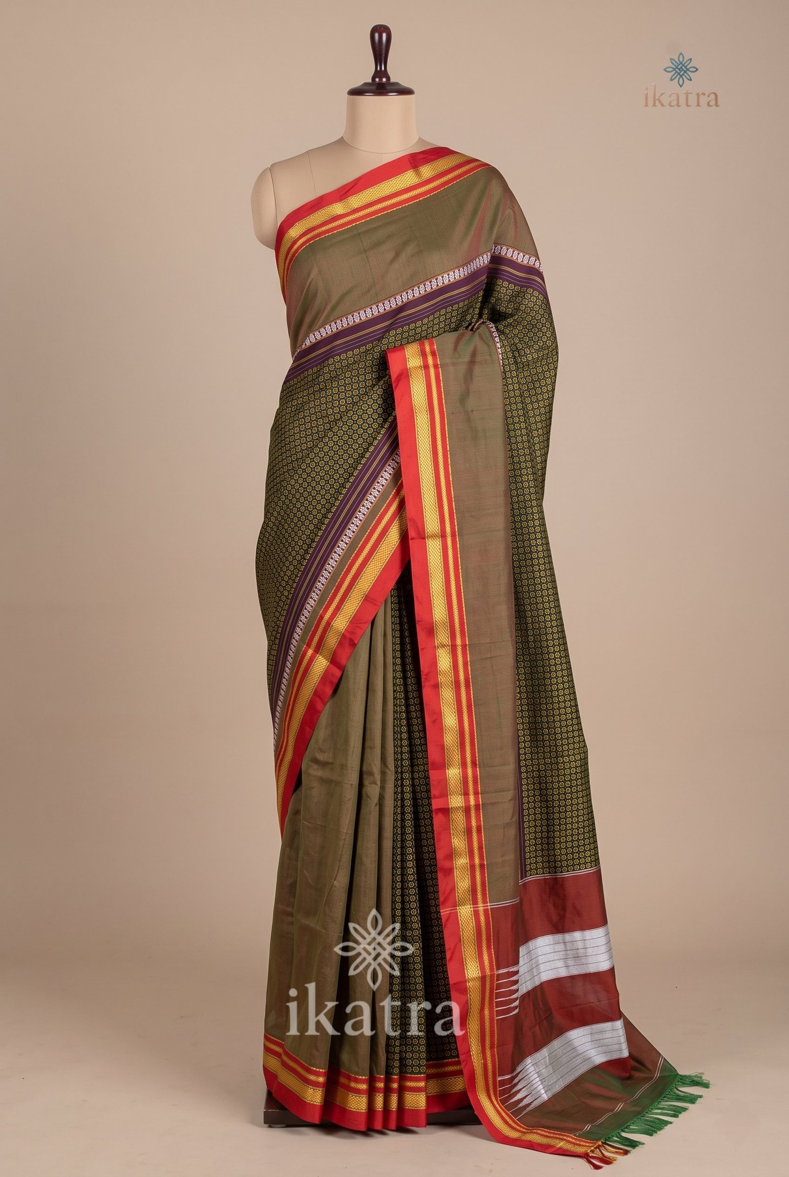 Light Green And Red Mercerised Cotton Ilkal Saree with Khun Material & Ilkal Tope Pallu