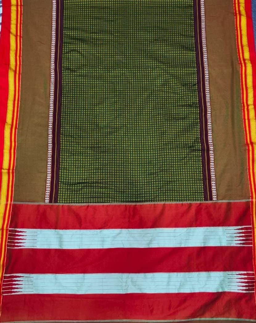 Light Green And Red Mercerised Cotton Ilkal Saree with Khun Material & Ilkal Tope Pallu